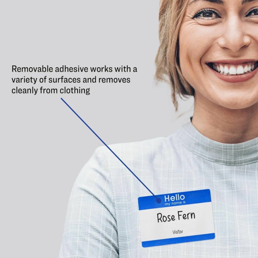 Avery Removable Adhesive Name Tags, 2-1/3" x 3-3/8" White with Blue Border, Non-Printable, 25-Pack (6175) for Customizable "Hello My Name Is" Labels