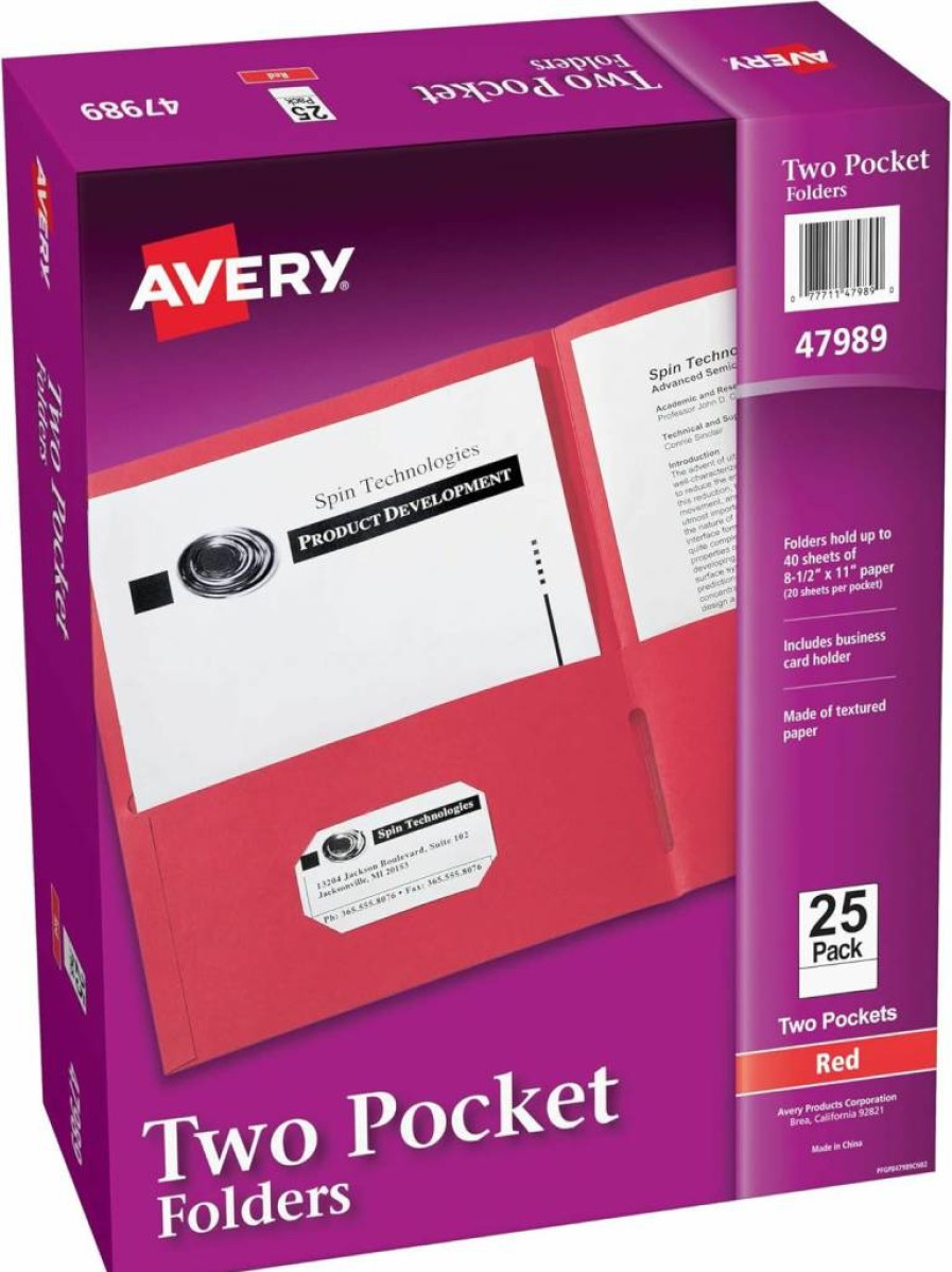 Avery Red Two-Pocket Folders with Business Card Slot - 25 Pack, Holds 40 Sheets (47989)