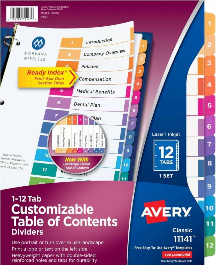 AVERY 11188 10-Tab Multicolor Dividers for 3-Ring Binders, 6 Customizable Sets with Table of Contents