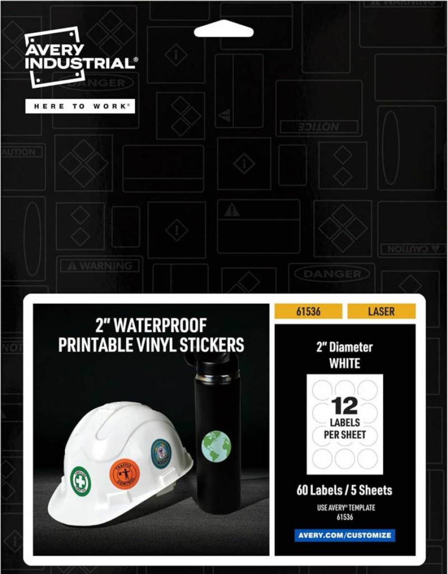 Avery 61536 Waterproof White Vinyl Stickers, 2" Round Permanent Laser Printable Labels for Hard Hats, Laptops, Branding, 60-Pack