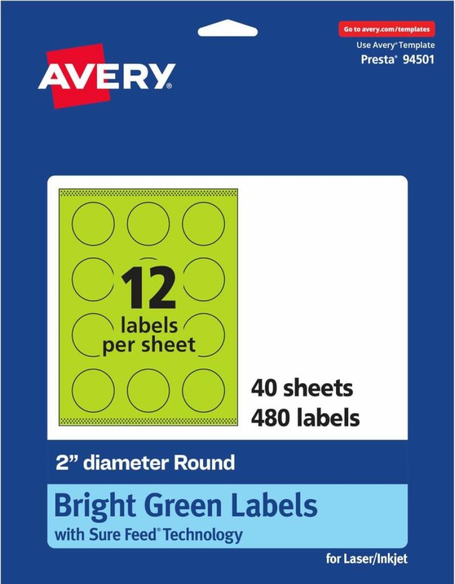 Avery Bright Green Printable Round Labels, 2" Diameter, Sure Feed Technology, 120-Pack for Laser/Inkjet Printing, Edge-to-Edge Design, Ideal for Stickers, Candles & DIY Projects