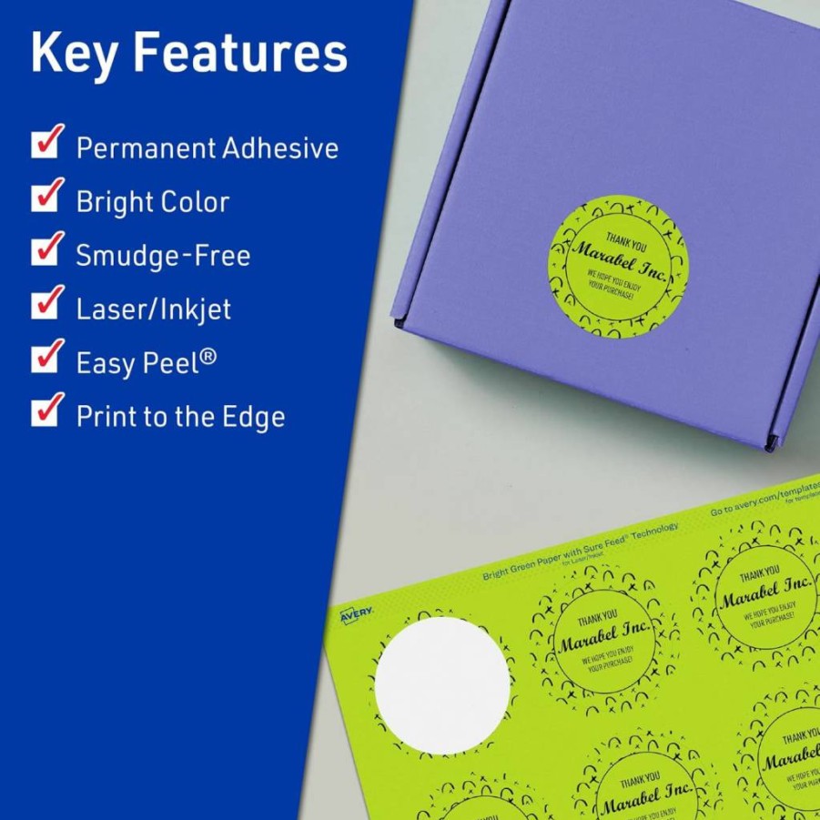 Avery Bright Green Printable Round Labels, 2" Diameter, Sure Feed Technology, 120-Pack for Laser/Inkjet Printing, Edge-to-Edge Design, Ideal for Stickers, Candles & DIY Projects