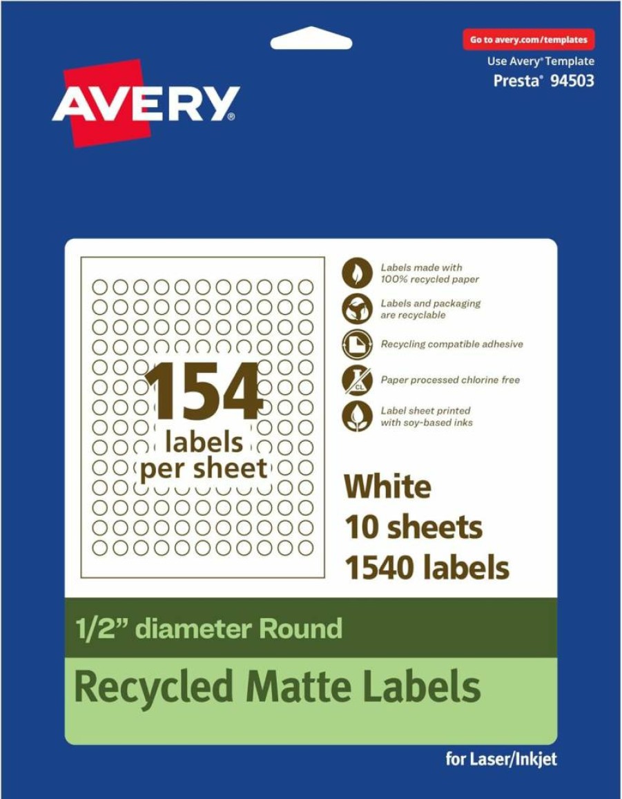 AVERY Recycled Round Labels 0.5" - Eco-Friendly Matte White, Print-to-Edge, Permanent Adhesive, Laser/Inkjet Printable, 1540 Count