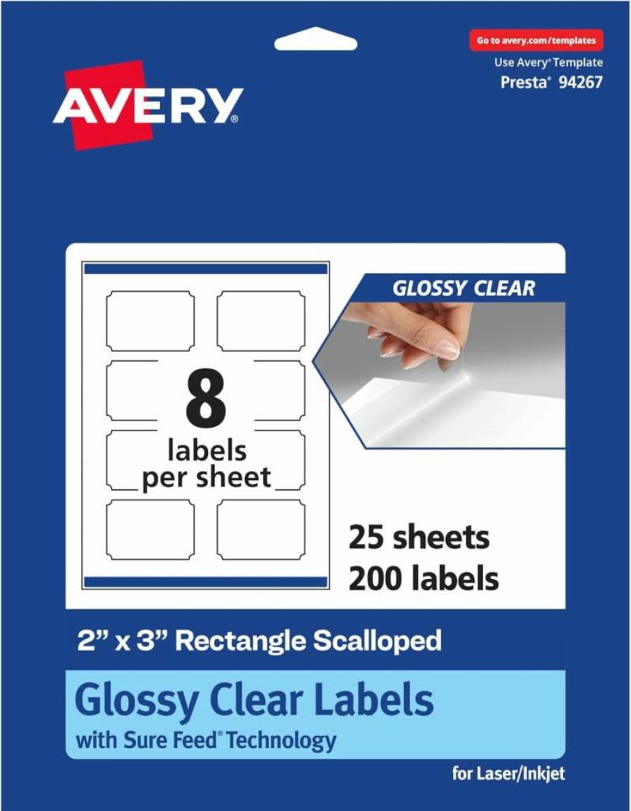 Avery Glossy Clear Scalloped Edge Labels 2" x 3" - 80-Pack, Sure Feed for Laser/Inkjet, Print-to-Edge Design
