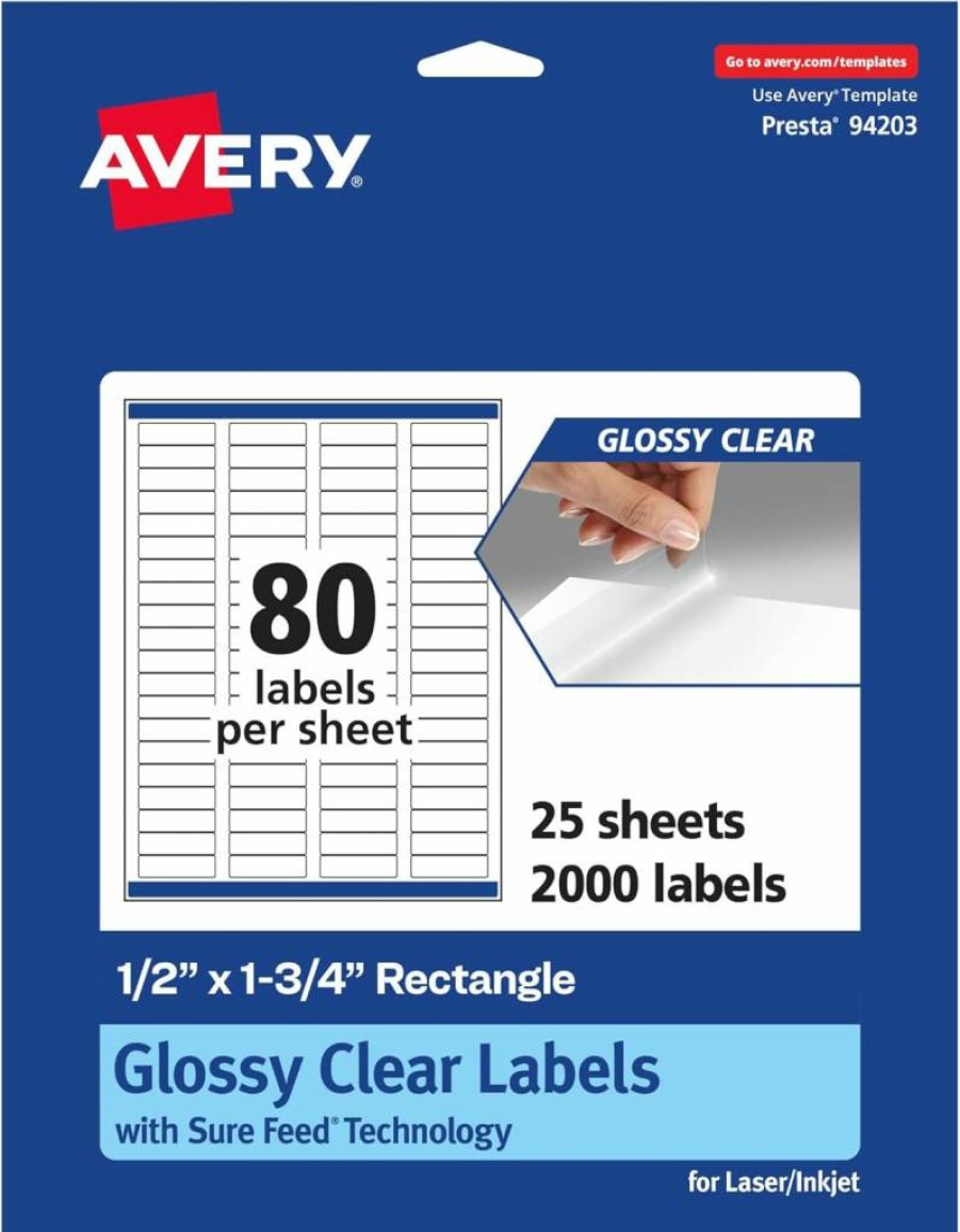 AVERY Glossy Clear Rectangle Labels 0.5" x 1.75" - 400 Pack, Sure Feed Technology, Laser/Inkjet Printable, High-Quality Glossy Finish
