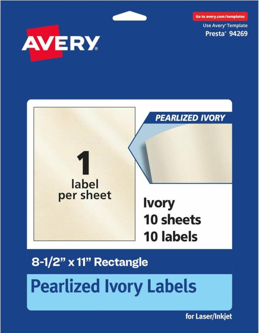 AVERY Pearlized Ivory Printable Labels, 8.5" x 11" Rectangle Laser/Inkjet Sheets, 10-Pack