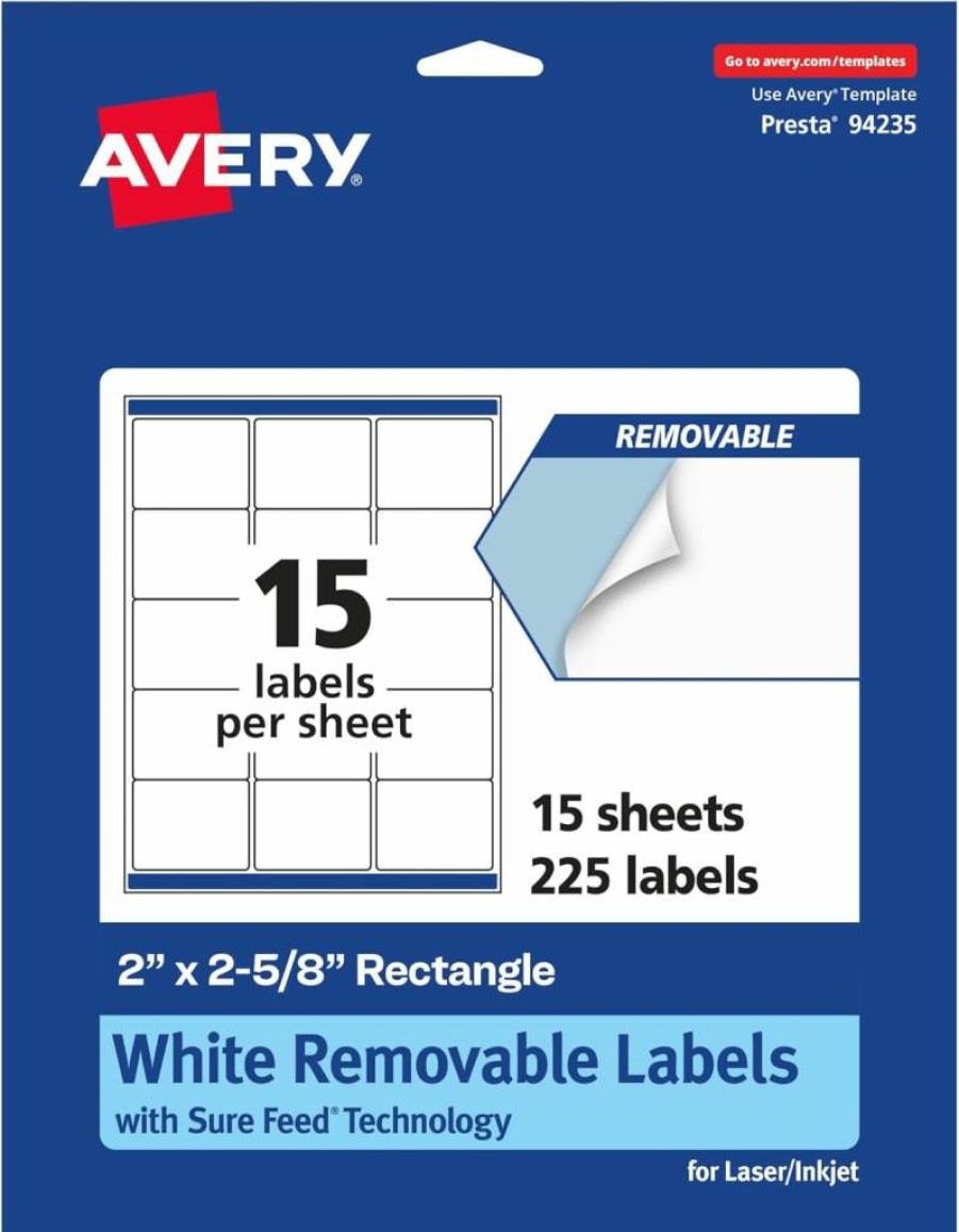 AVERY Matte White Removable Labels 2" x 2-5/8" - 1,500 Sheets, Sure Feed Technology, Laser/Inkjet Printable, Self-Adhesive Stickers for Printing
