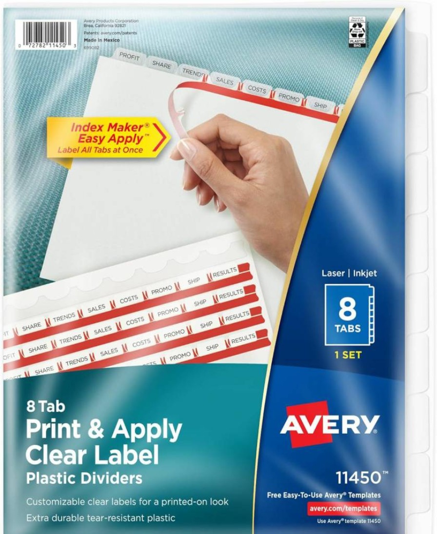 Avery 8-Tab Customizable Plastic Dividers for 3-Ring Binder with Clear Frosted White Tabs and Easy Print Labels - 5 Sets (12450)