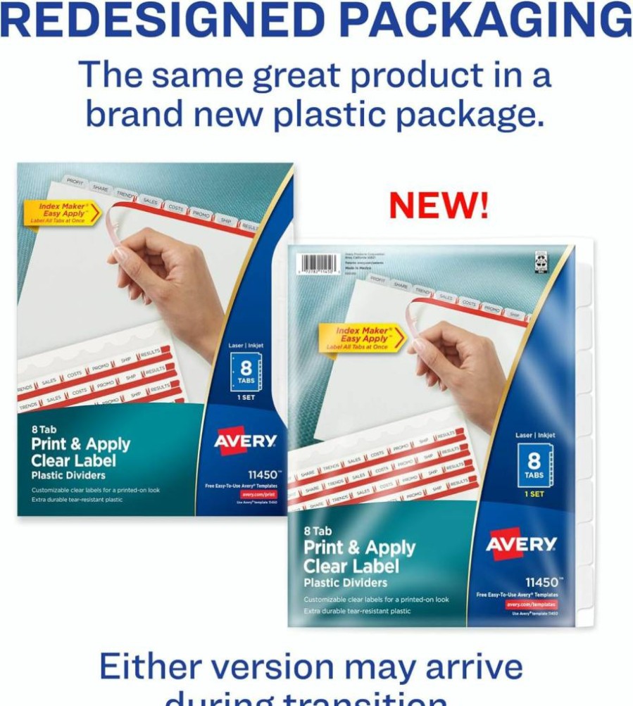 Avery 8-Tab Customizable Plastic Dividers for 3-Ring Binder with Clear Frosted White Tabs and Easy Print Labels - 5 Sets (12450)