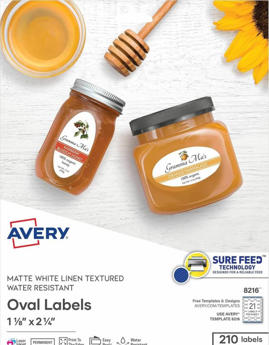 AVERY 8216 Printable Oval Labels, 1-1/8" x 2-1/4" Textured Matte White, 210 Customizable Stickers for Laser/Inkjet Printers
