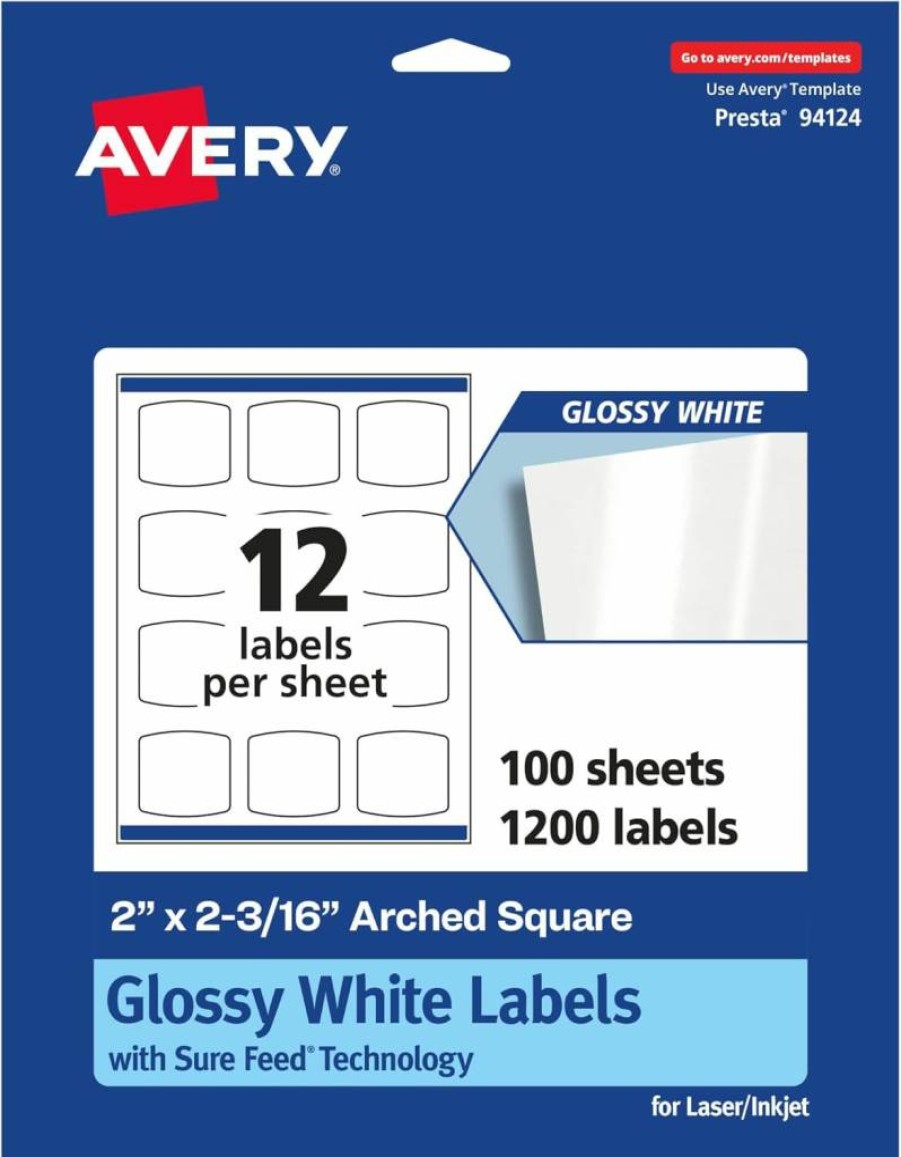 Avery Glossy White Square Labels 2" x 2-3/16" - 1,200 Pack, Sure Feed Technology, Print-To-The-Edge, Permanent Adhesive, Laser/Inkjet Printable, High-Quality Glossy Finish
