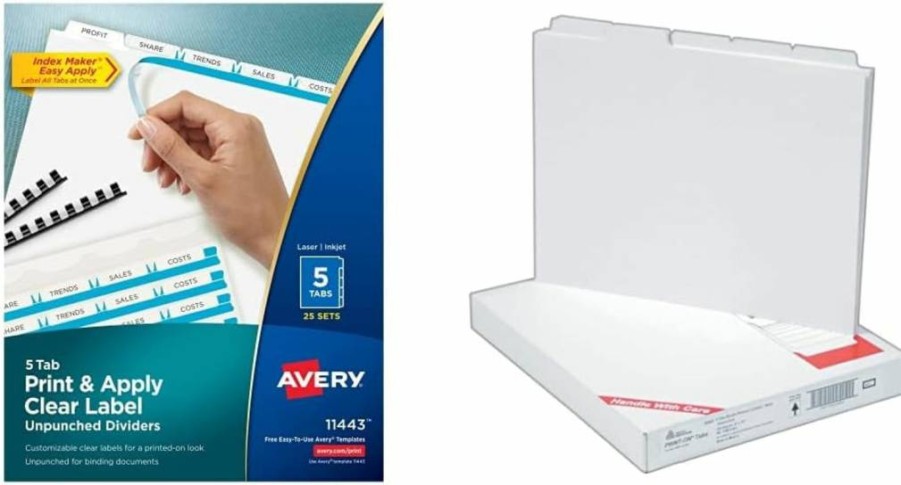 AVERY 5-Tab Index Dividers with Clear Label Strips, Unpunched for Any Binder, Customizable White Tabs, 25 Sets (11443)