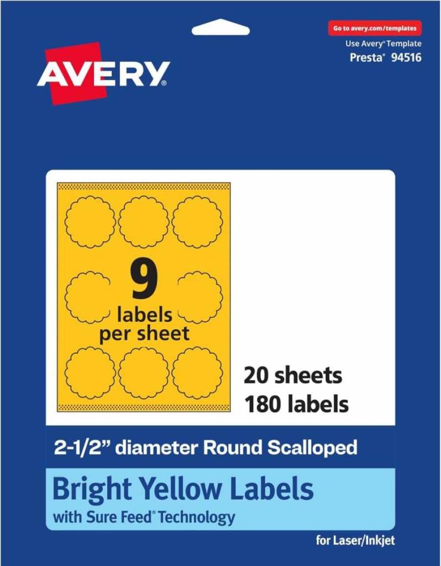 Avery 2-1/2" Round Bright Yellow Printable Labels with Sure Feed Technology, Scalloped Edge for Laser/Inkjet Printing, 90-Pack for Mailing Seals, Candles & Crafts