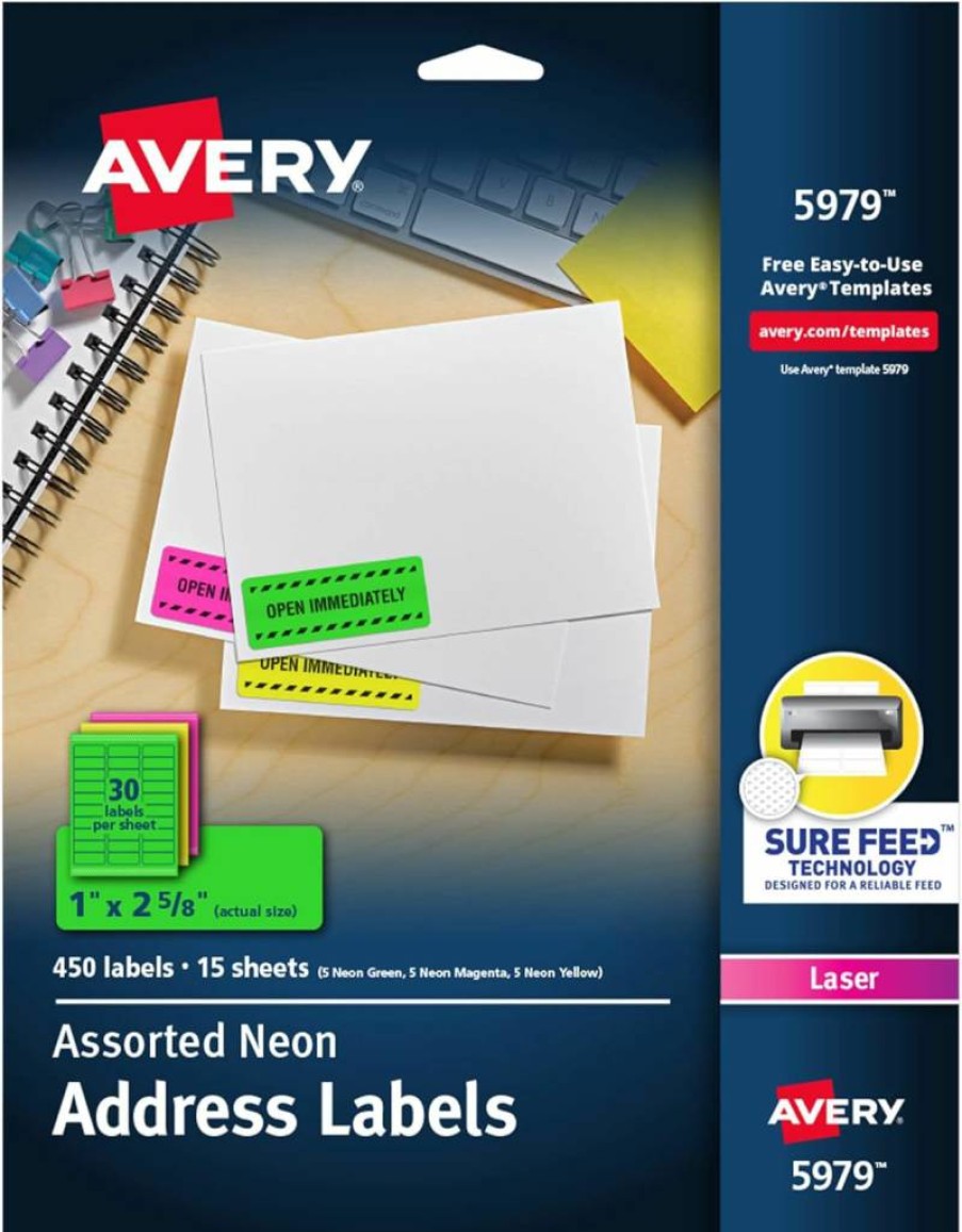 Avery 5979 Printable Neon Address Labels, 1" x 2-5/8", 450 Blank Mailing Labels for Laser/Inkjet Printers, Sure Feed Technology (Magenta, Green, Yellow)