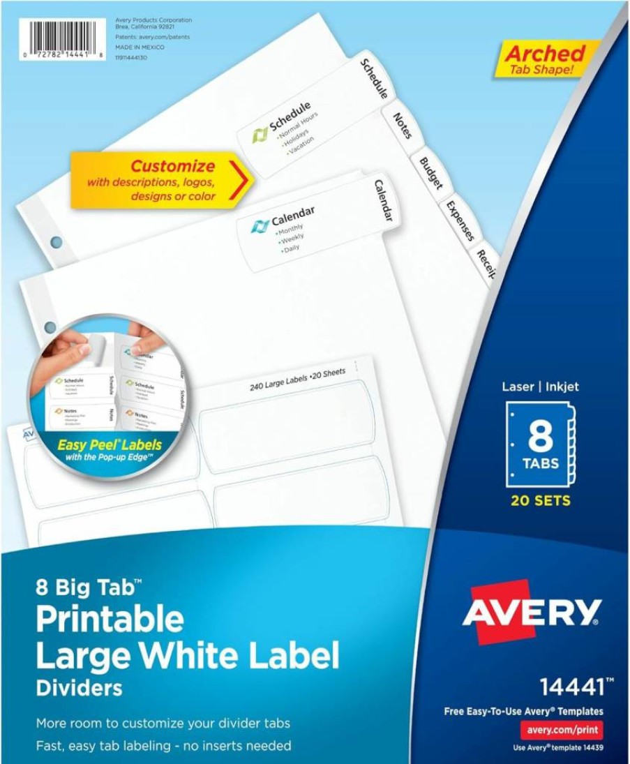AVERY 14441 Big Tab Printable Large White Label Dividers, 8 Tabs per Set, 20 Sets, Easy Peel, for Office Organization