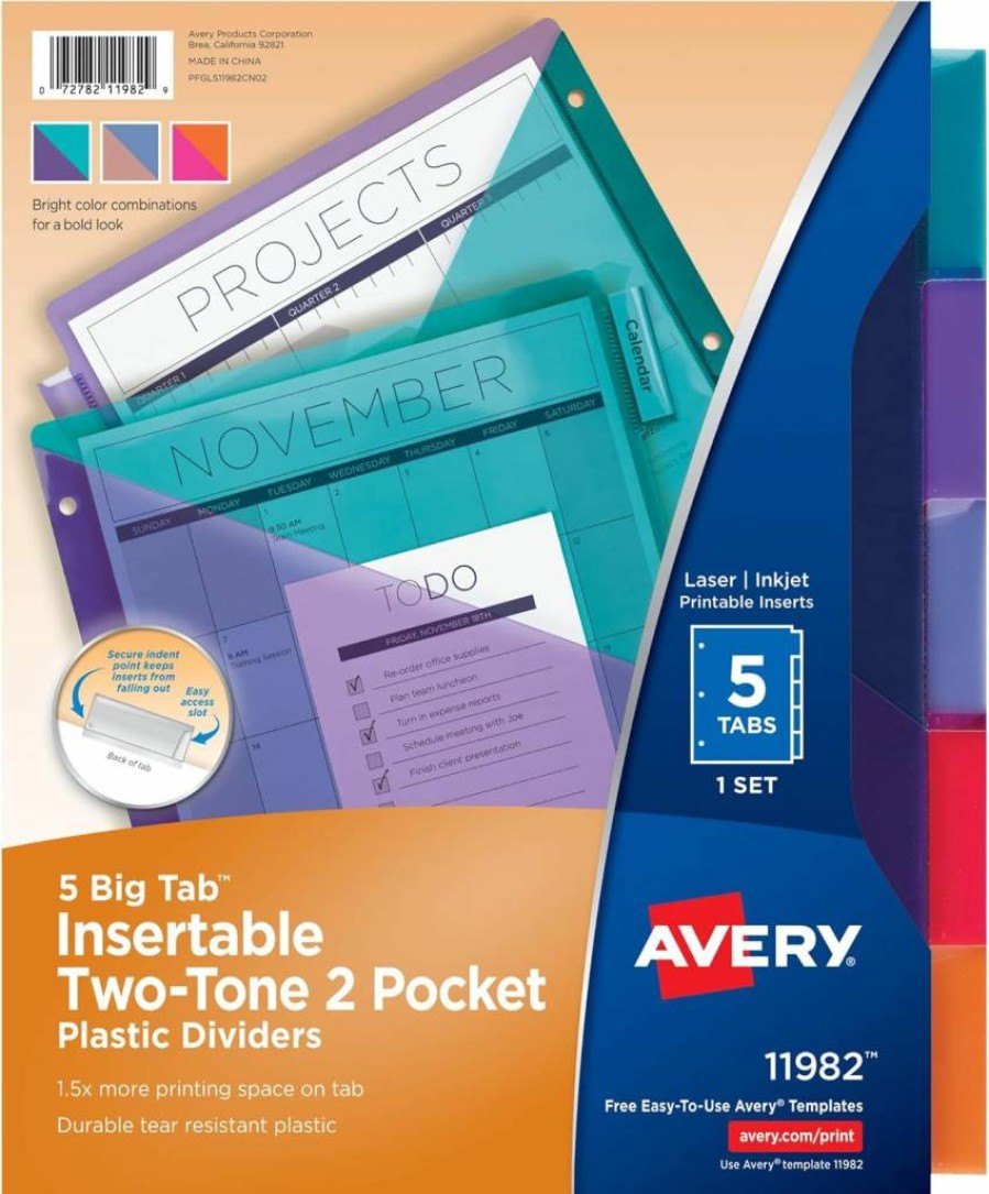Avery 2-Pocket Plastic Binder Dividers with 5 Tabs, Two-Tone Multicolor, Insertable for 3-Ring Binders, Compatible with Sheet Protectors (Set of 1, Model 11982)