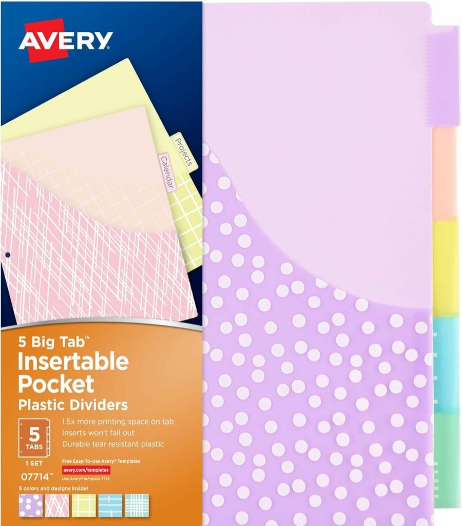 Avery 5-Tab Plastic Binder Dividers with Pockets, Insertable Big Tabs & Pastel Designs, 3 Sets (11255) - Extend Beyond Sheet Protectors for 3-Ring Binders
