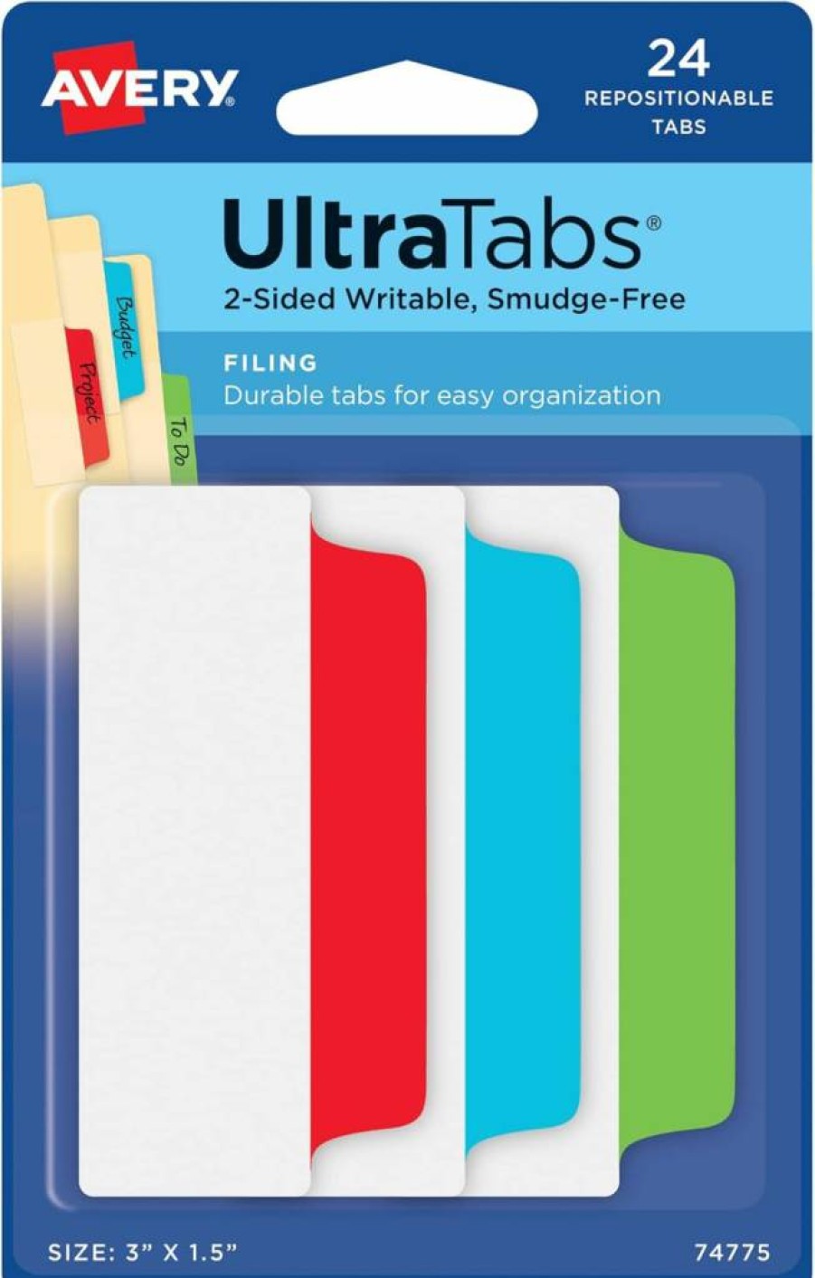 AVERY 74776 Repositionable File Tabs, 3x1.5 Inch 2-Sided Writable White Labels, 24 Tabs per Pack, 48-Pack for Organizing Files