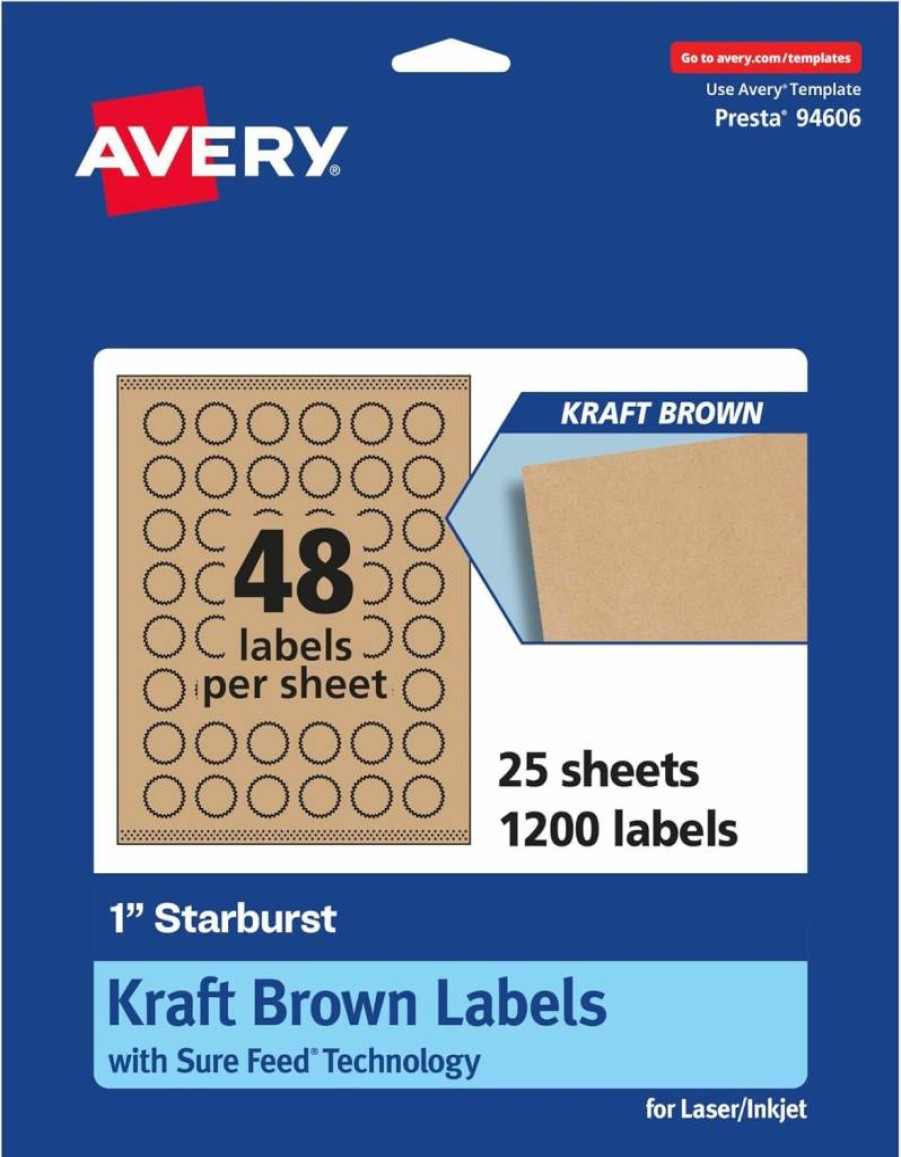 AVERY Sure Feed Kraft Brown Starburst Labels 1" - 1,200 Pack, Print-To-The-Edge for Laser/Inkjet, Premium Printable Adhesive Labels