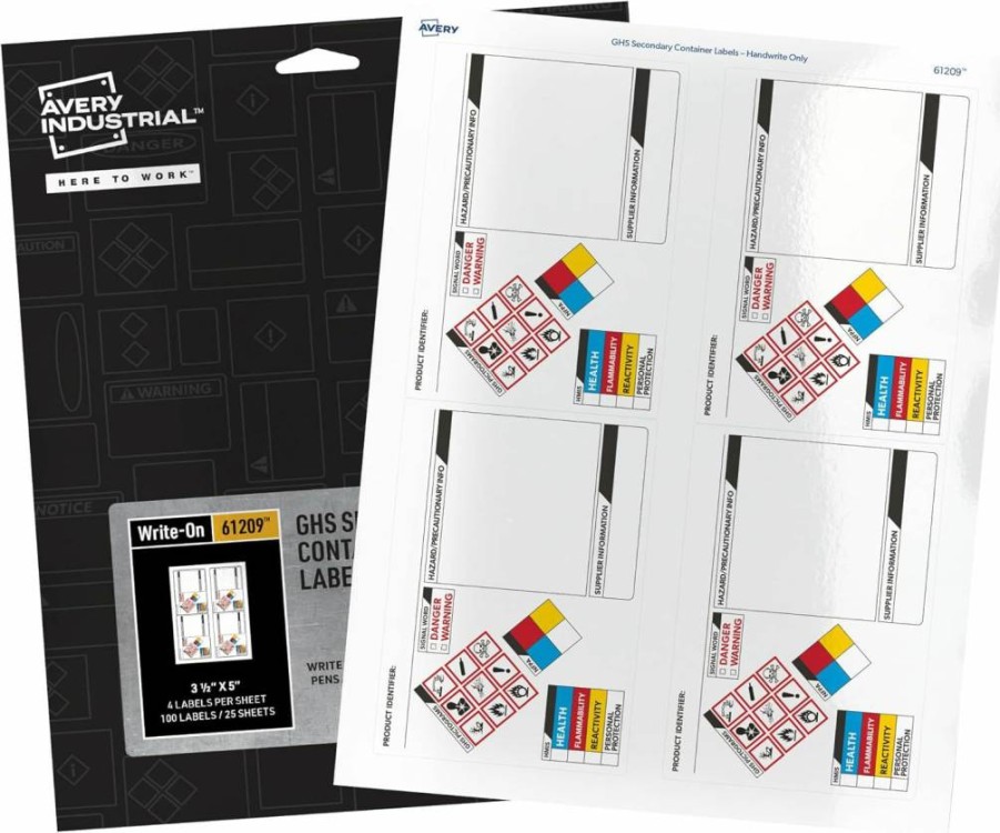 AVERY GHS Secondary Container Labels, 3.5" x 5" Handwrite Only, Pre-Printed Chemical Hazard Stickers, 100/Pack (61209)
