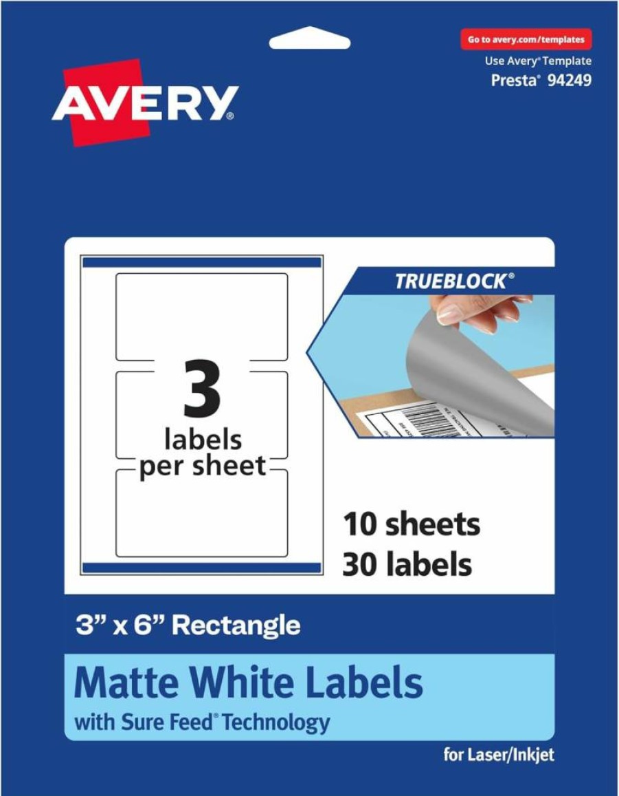 Avery TrueBlock Matte White 3" x 6" Labels, 30-Pack, Sure Feed Technology, Laser/Inkjet Printable, Edge-to-Edge Printing, Ideal for Product Packaging & Merchandising
