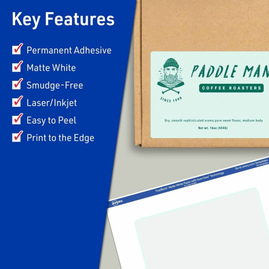 Avery TrueBlock Matte White 3" x 6" Labels, 30-Pack, Sure Feed Technology, Laser/Inkjet Printable, Edge-to-Edge Printing, Ideal for Product Packaging & Merchandising