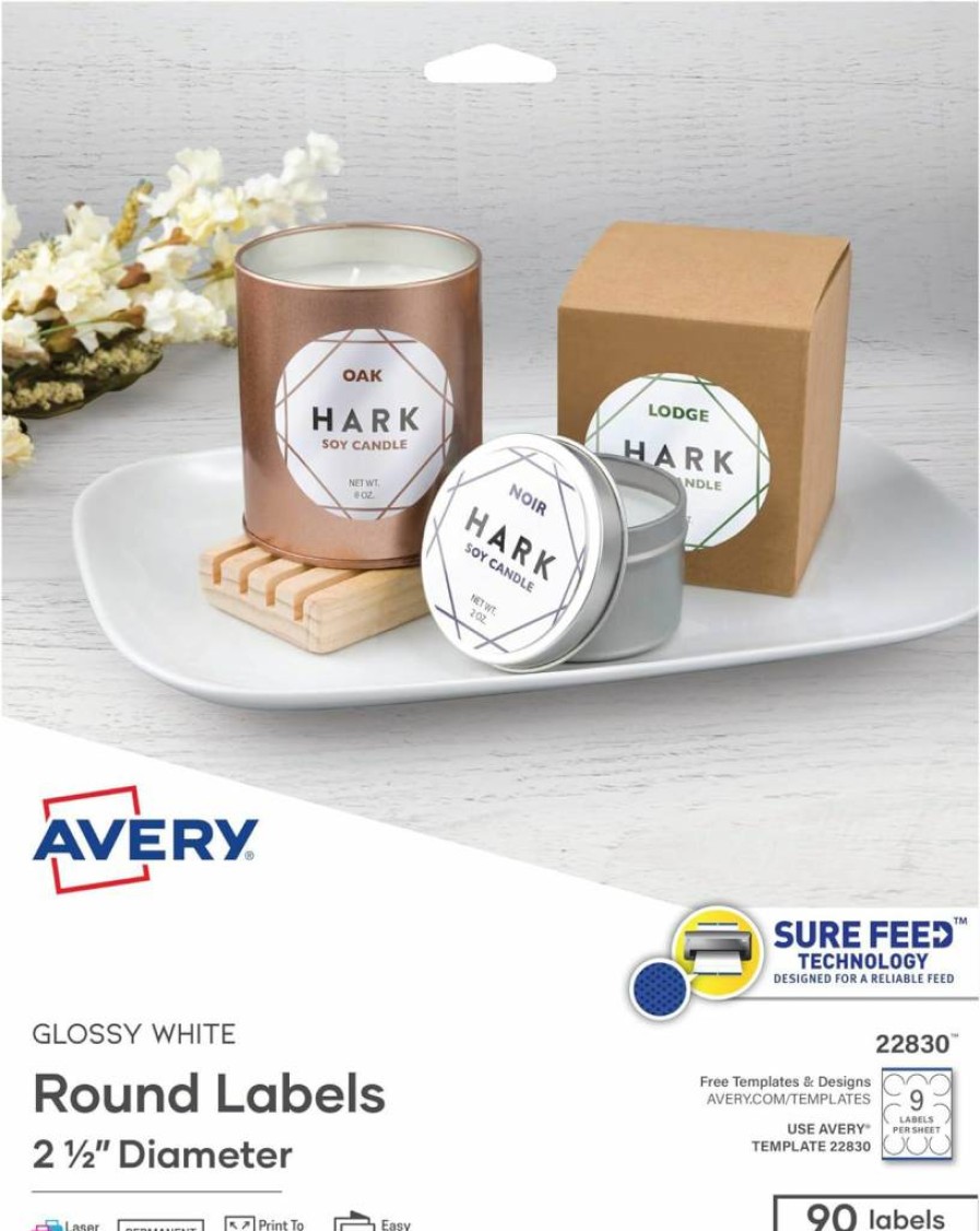 Avery 22807 Round Printable Labels, 2" Diameter, Glossy White, Permanent Adhesive, Sure Feed Technology, Compatible with Laser & Inkjet Printers, 120 Count