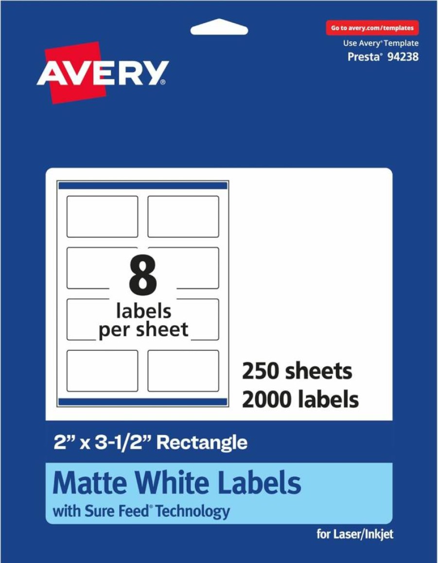 Avery Matte White Printable Labels 2" x 3.5" - 200 Pack with Sure Feed Technology for Laser & Inkjet Printers