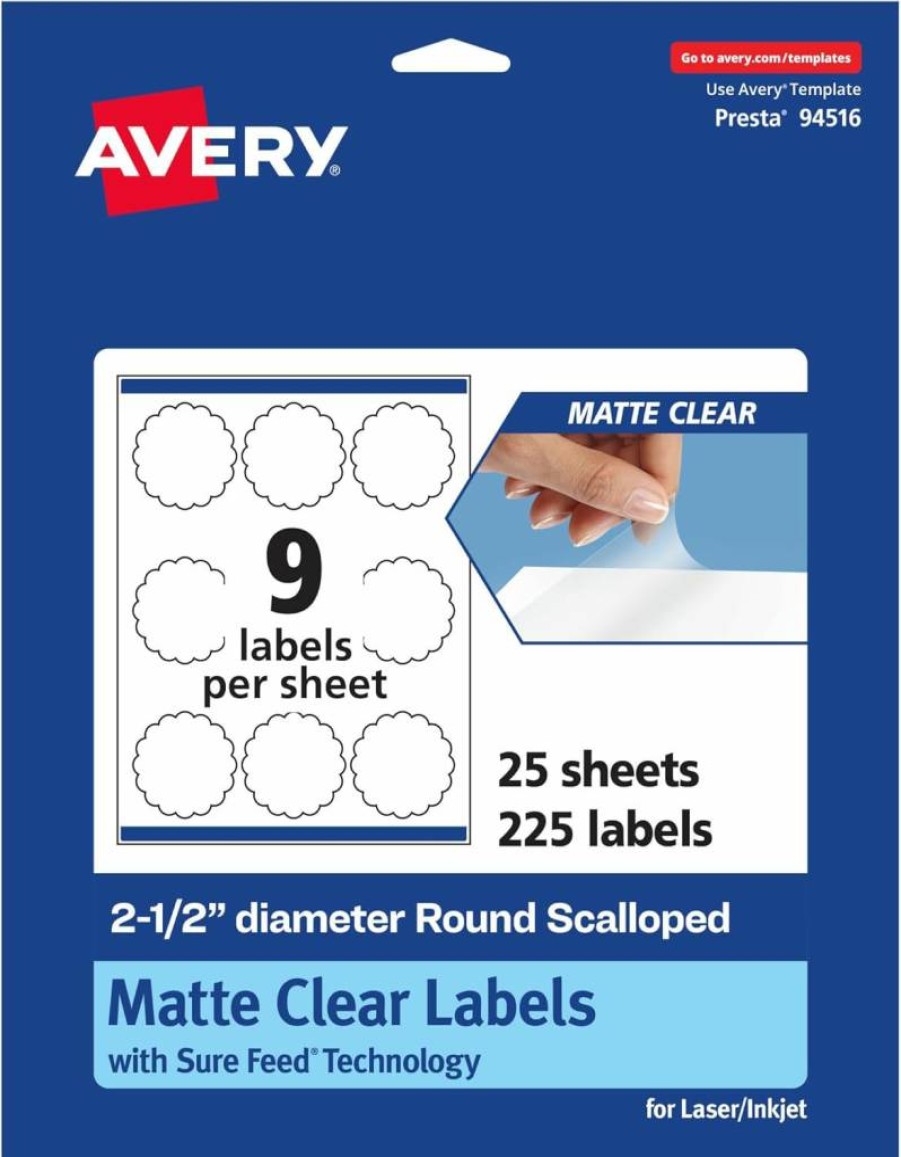 Avery Matte Clear Round Scalloped Labels, 2.5" Diameter, 90-Pack, Print-To-The-Edge for Laser/Inkjet Printers, Sure Feed Technology