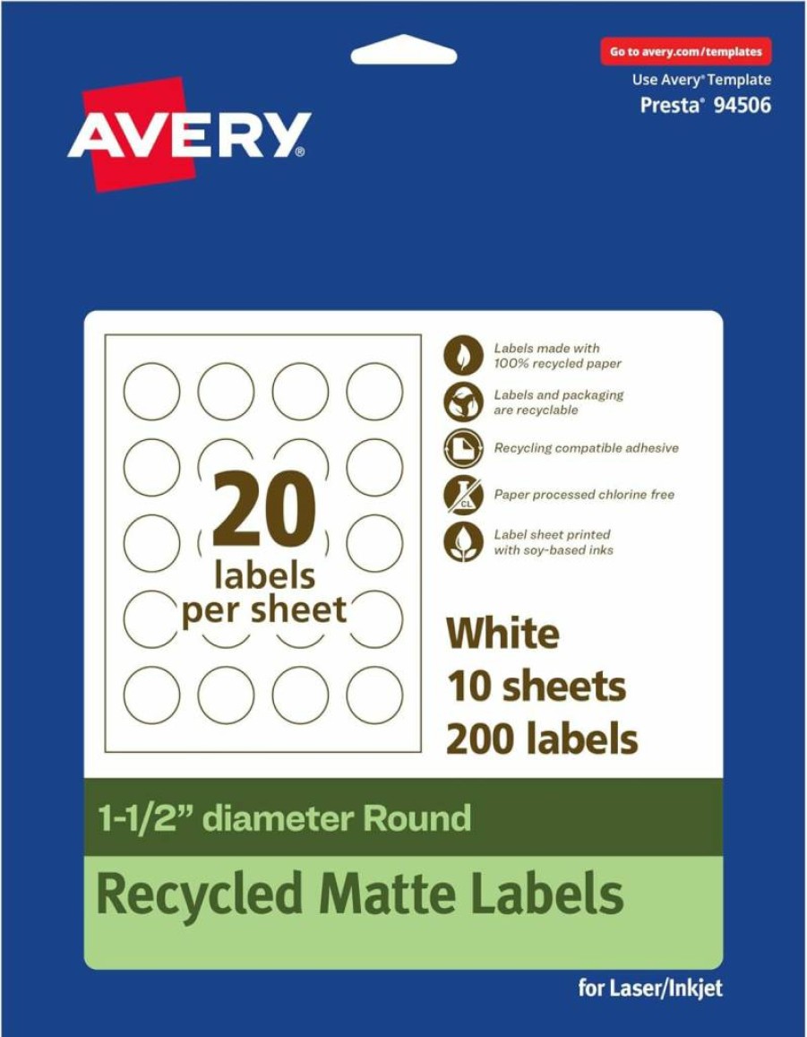 AVERY Recycled Matte White Round Labels 1.5" - Eco-Friendly, Permanent Adhesive, Print-To-The-Edge, Laser/Inkjet Compatible, 200-Pack