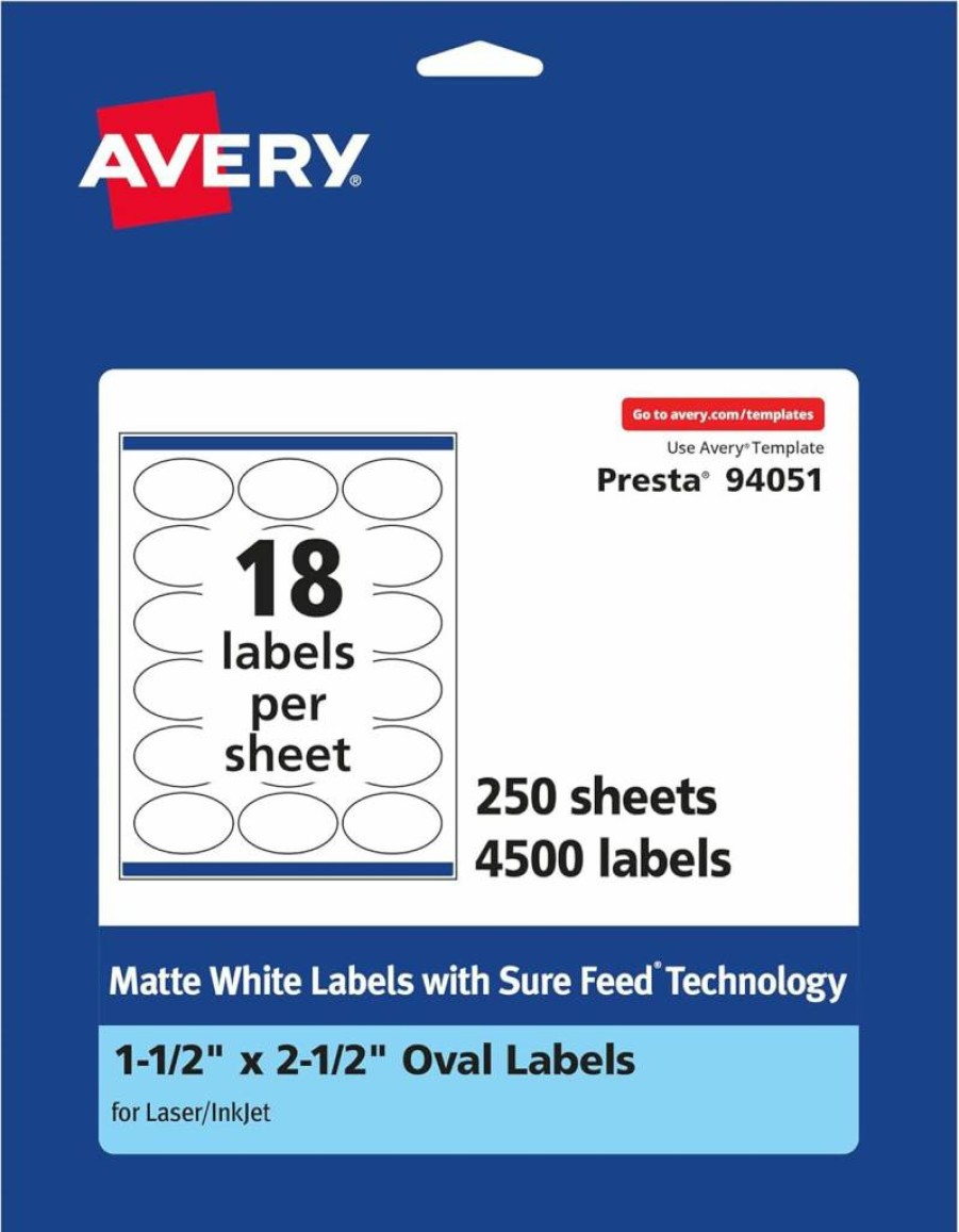 Avery Matte White Oval Labels 1.5" x 2.5" - 450 Pack, Sure Feed Printable Labels for Laser/Inkjet Printers