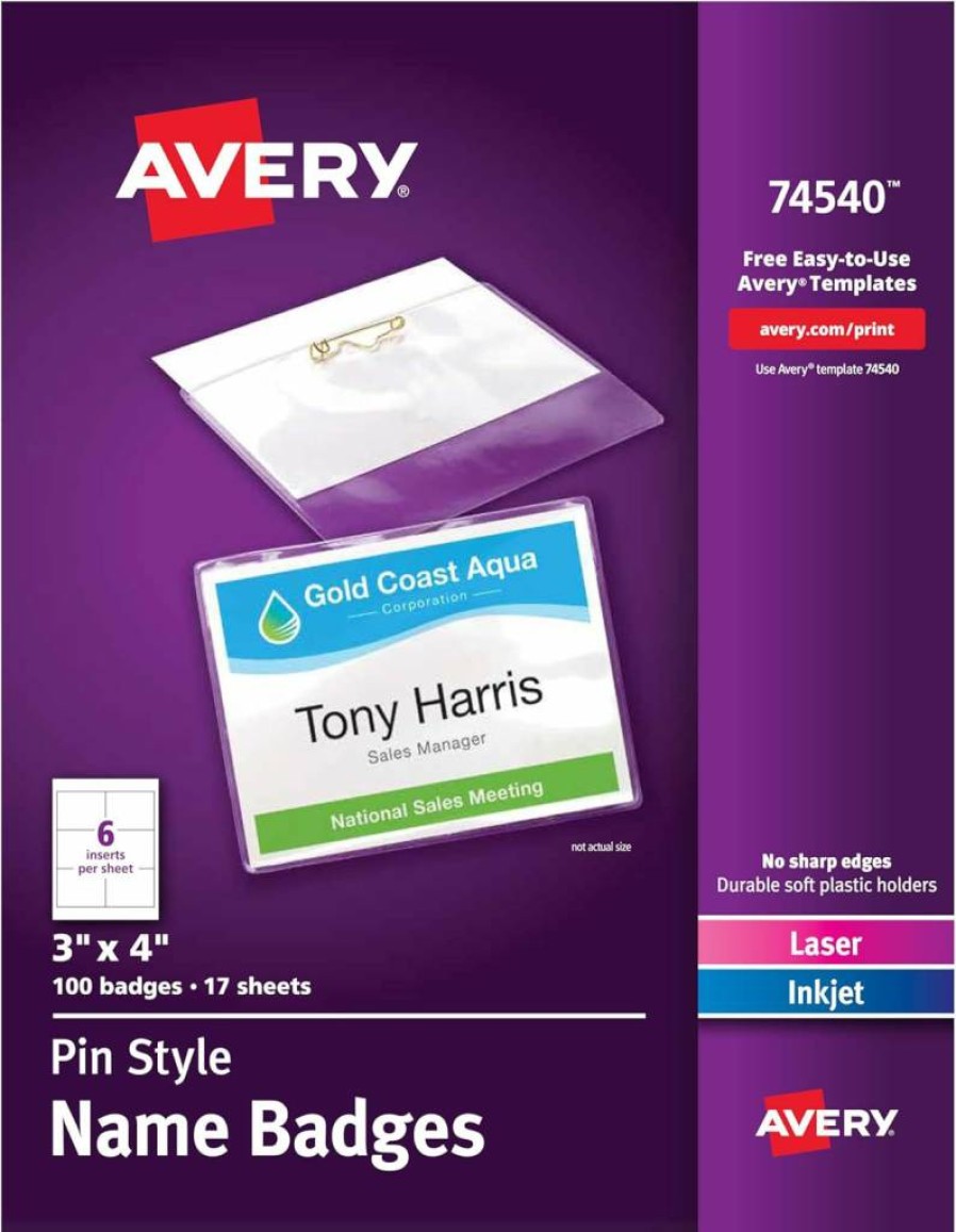 Avery 74540 Customizable Pin Style Name Badges, 3" x 4" Clear Name Tag Holders with 100 White Printable Inserts for Laser/Inkjet Printing