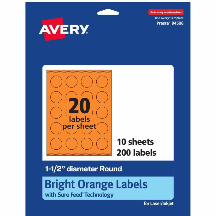 Avery Bright Orange Printable Round Labels, 1-1/2" Diameter, Sure Feed Technology, 200 Pack for Laser/Inkjet Printers, Edge-to-Edge Printing, Ideal for Stickers, Candles & DIY Crafts