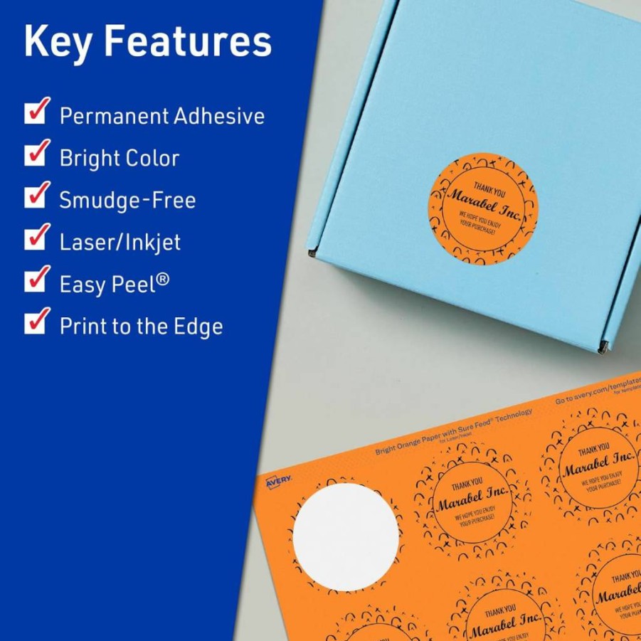 Avery Bright Orange Printable Round Labels, 1-1/2" Diameter, Sure Feed Technology, 200 Pack for Laser/Inkjet Printers, Edge-to-Edge Printing, Ideal for Stickers, Candles & DIY Crafts