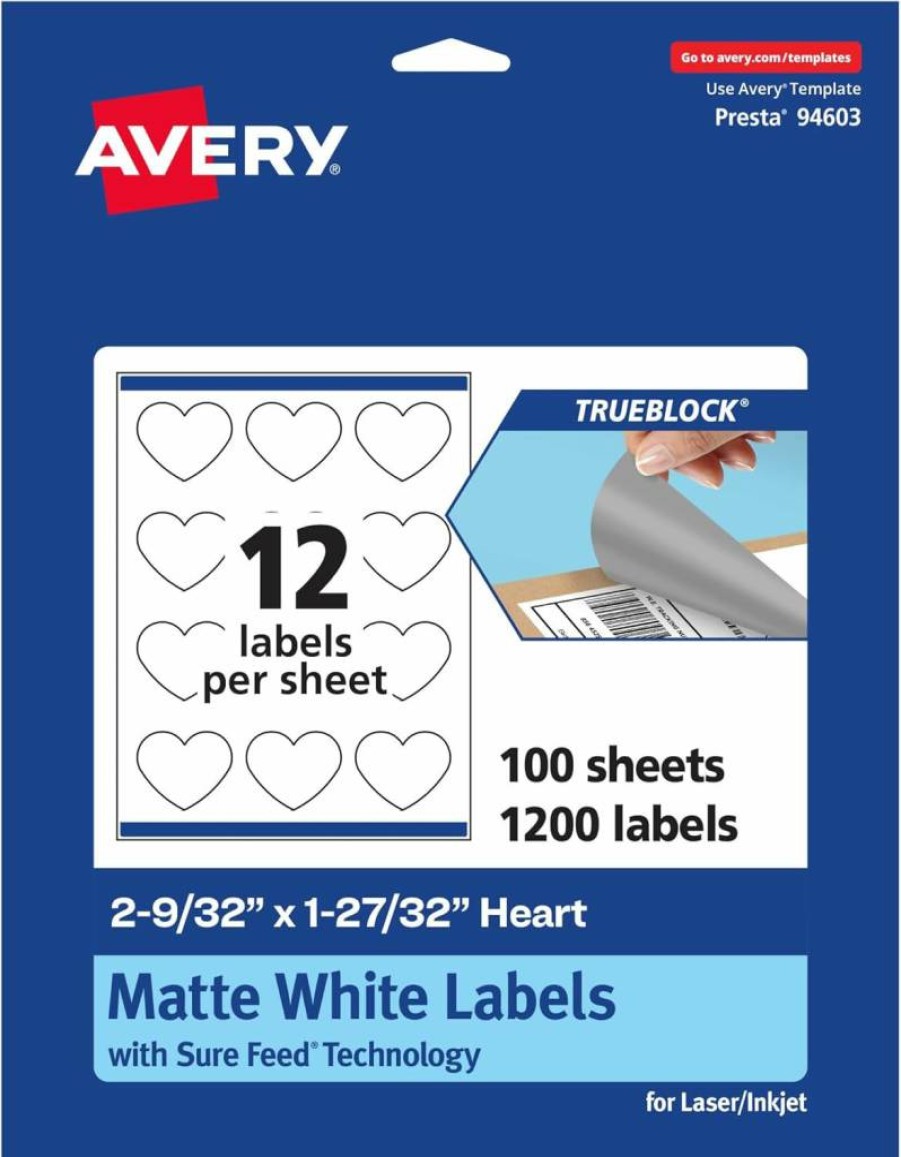 Avery Trueblock Matte White Heart Labels, 2-9/32" x 1-27/32", 120-Pack, Sure Feed Technology, Laser/Inkjet Printable, Print-To-The-Edge, Ideal for Packaging & Product Merchandising