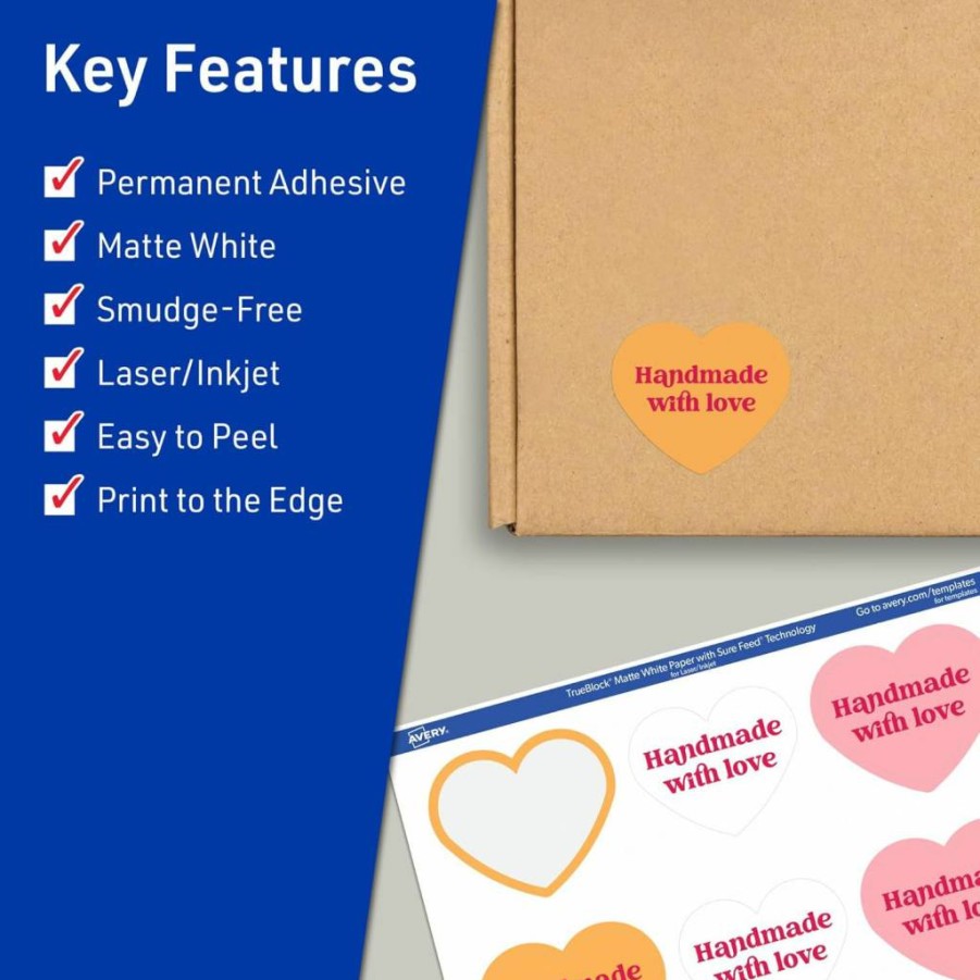 Avery Trueblock Matte White Heart Labels, 2-9/32" x 1-27/32", 120-Pack, Sure Feed Technology, Laser/Inkjet Printable, Print-To-The-Edge, Ideal for Packaging & Product Merchandising