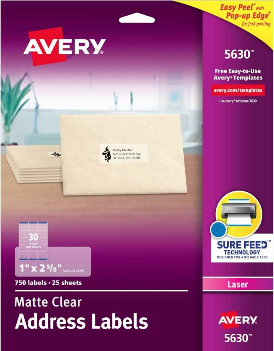 Avery 05660 Printable Address Labels, 1" x 2-5/8", Matte Clear, Sure Feed Technology, 1,500 Blank Mailing Labels for Professional Shipping & Mailing