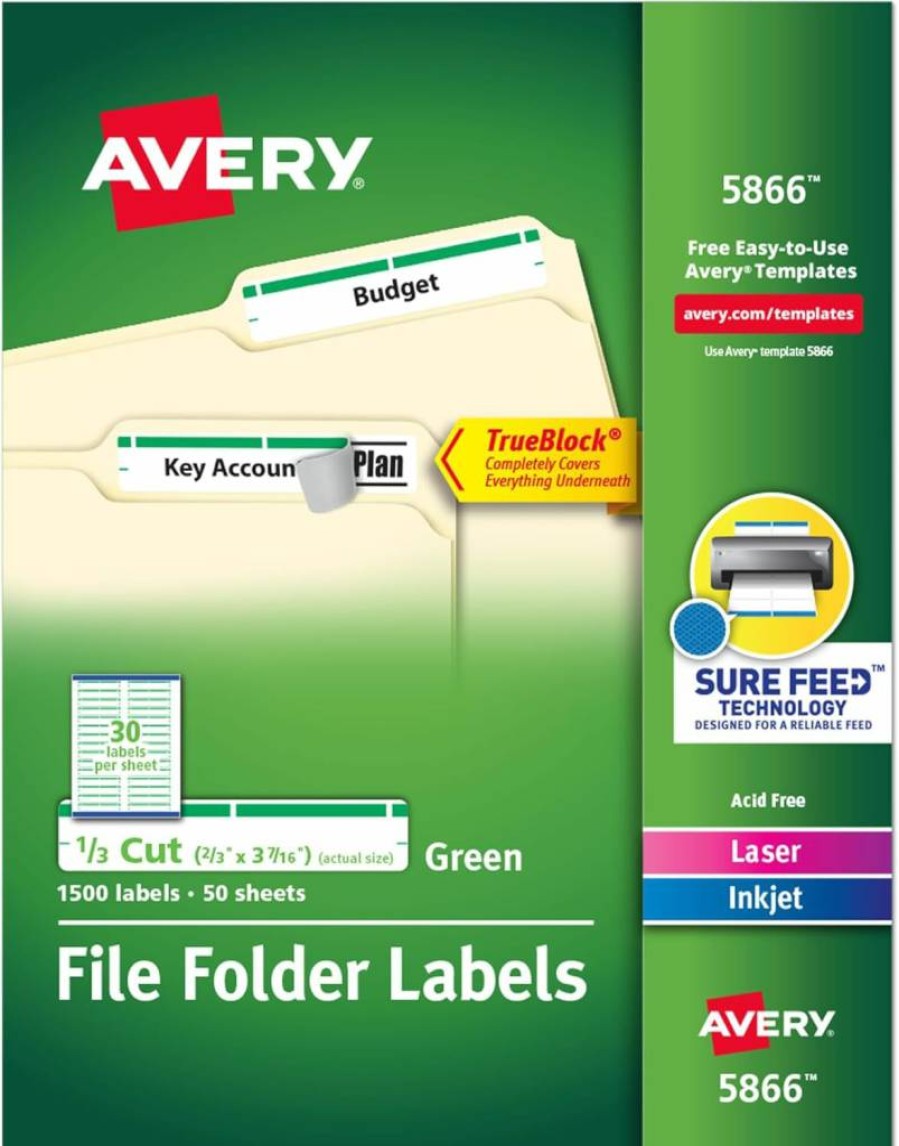 Avery Trueblock Green File Folder Labels 2/3" x 3-7/16" - 1500 Pack for Laser/Inkjet Printers (5866)