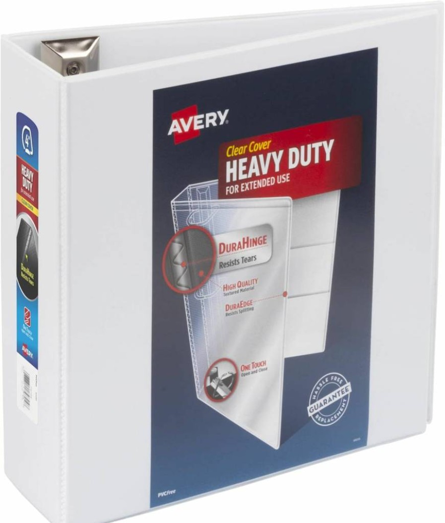 Avery 79704 Heavy Duty 3-Ring Binder, 4-Inch Slant Ring, White, Holds 8.5 x 11 Inches Paper, One-Touch Design