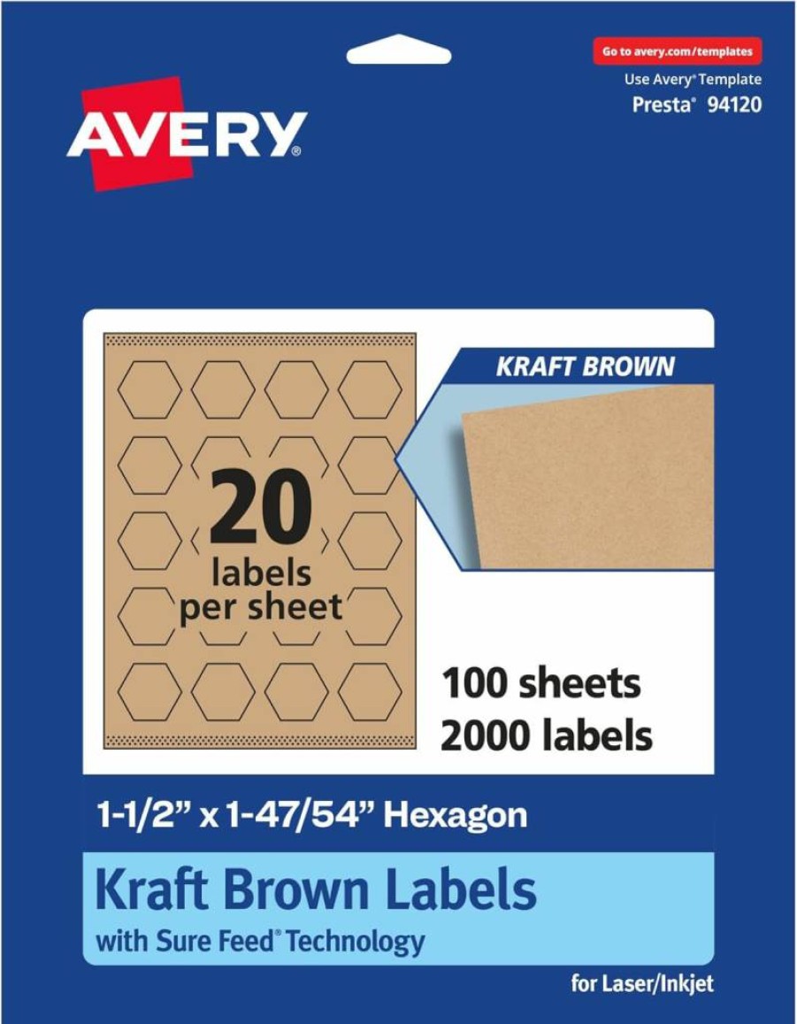 AVERY Kraft Brown Hexagon Labels with Sure Feed Technology, 1.5" x 1.87", 500-Pack, Print-to-the-Edge for Laser/Inkjet Printers