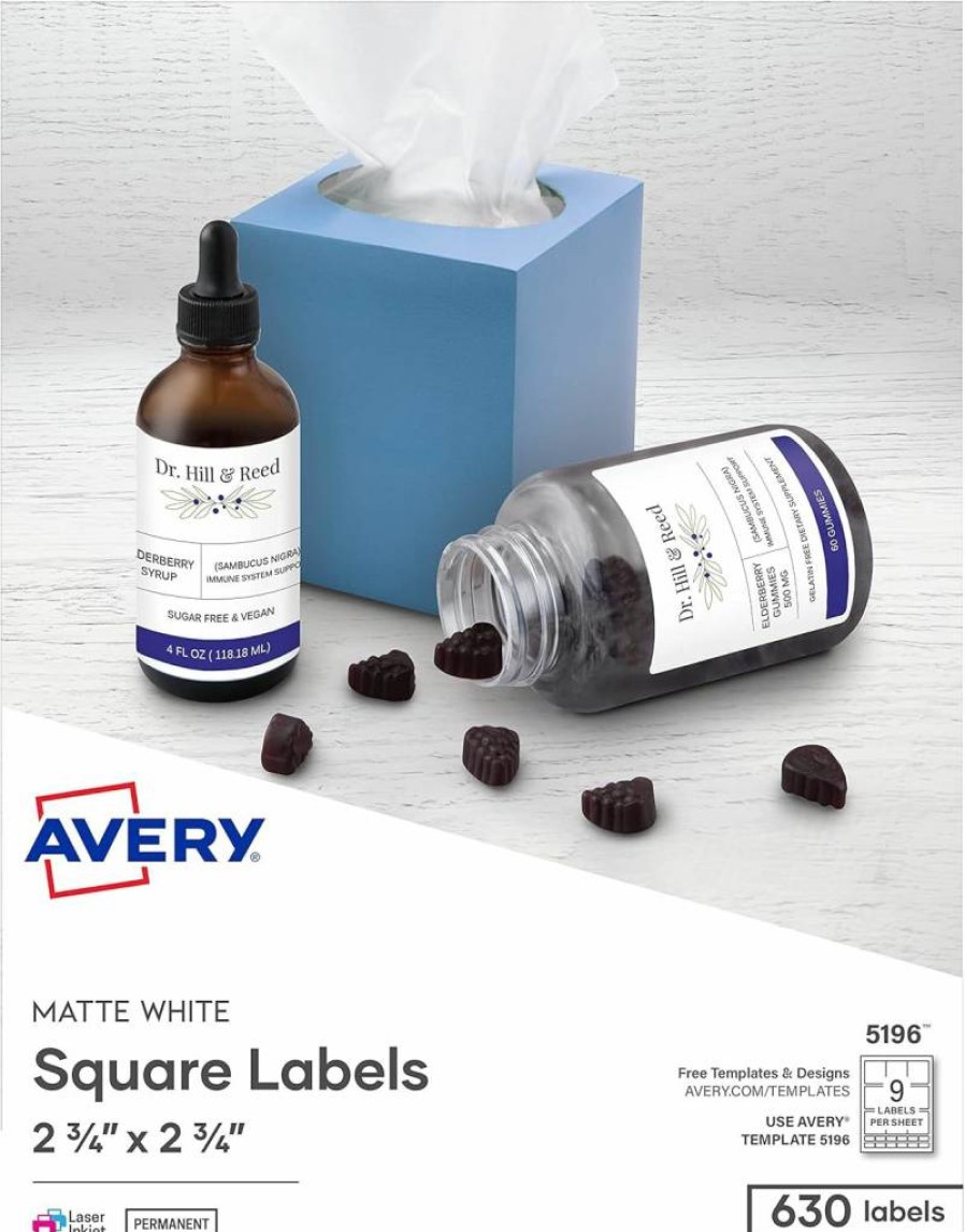 AVERY 5196 Matte White Printable Square Labels, 2.75" x 2.75", 630 Customizable Adhesive Stickers for Laser/Inkjet Printing