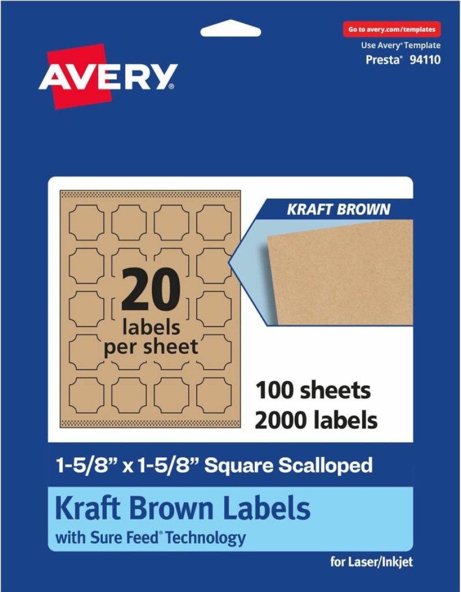 AVERY Kraft Brown Scalloped Edge Labels, 1-5/8" x 1-5/8", 500-Pack, Sure Feed Technology, Laser/Inkjet Printable, Print-To-The-Edge Design