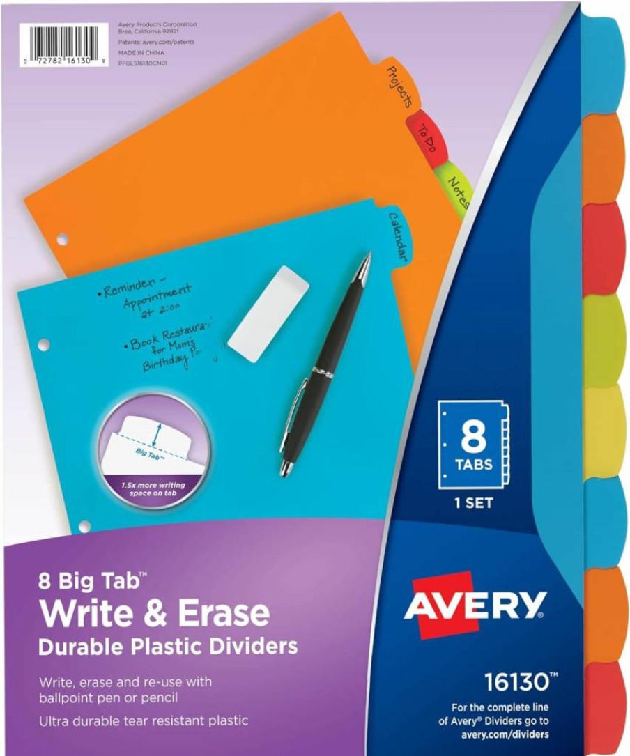 Avery 16130 Big Tab Write & Erase Plastic Binder Dividers, 8-Tab Multicolor Sets, 24 Pack (192 Tabs), Durable 3-Ring Binder Accessories
