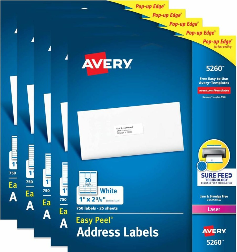Avery 45160 Easy Peel Printable Address Labels, 1" x 2-5/8" White Customizable Stickers, 7,500 Blank Mailing Labels for Shipping, Mailing & Organization, Sure Feed Technology