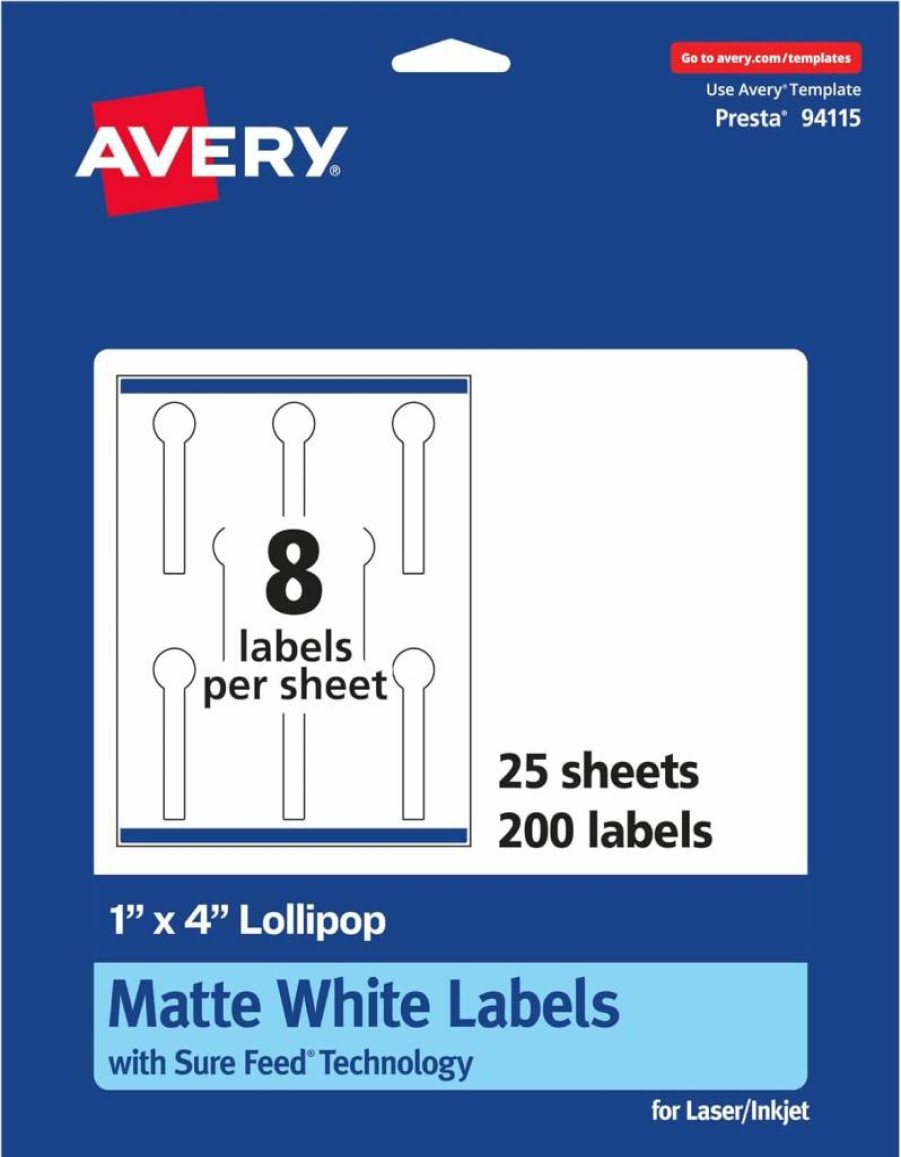 Avery White Matte Lollipop Labels 1" x 4" - 200pk, Permanent Adhesive, Print-to-Edge, Laser/Inkjet Compatible, Sure Feed Technology