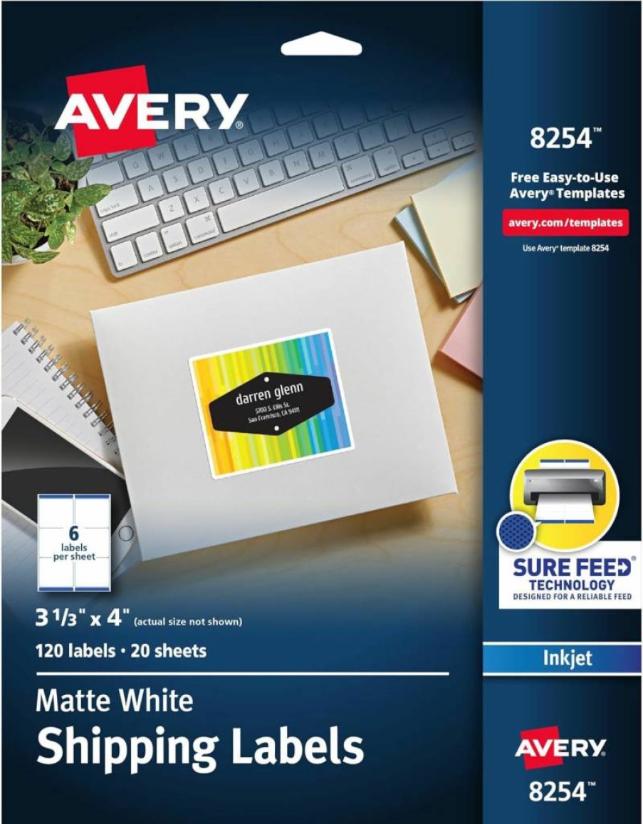AVERY 8254 Matte White Shipping Labels, 3.33" x 4", 120-Pack, Permanent Adhesive, Sure Feed Technology for Laser/Inkjet Printers