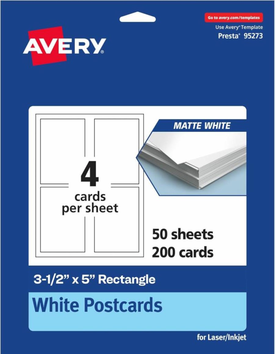 AVERY Matte White Printable Cards 3.5" x 5" – 200 Pack, Edge-to-Edge Printing, Compatible with Laser & Inkjet Printers