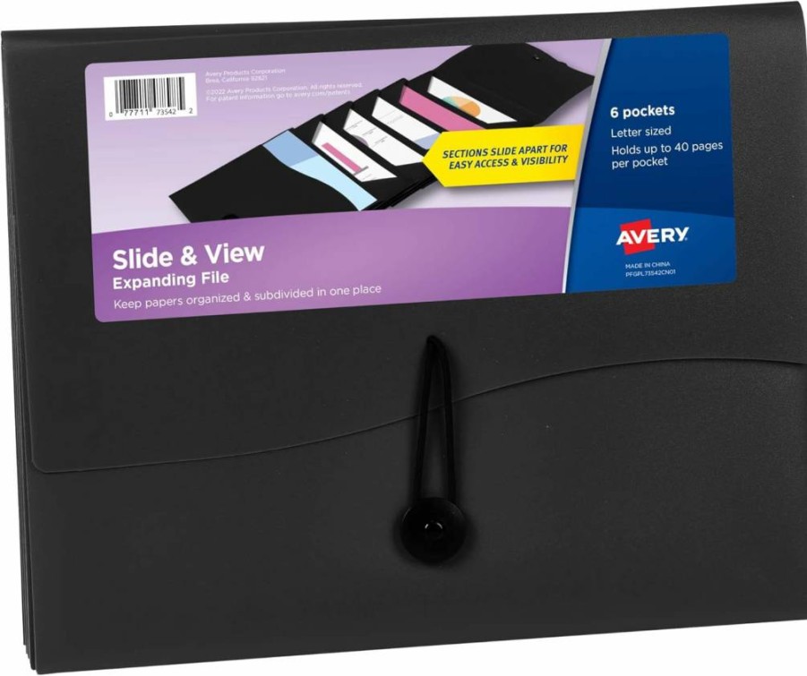Avery 73542 Black Slide & View Expanding File Folder with 6 Pockets, Letter Size Document Organizer