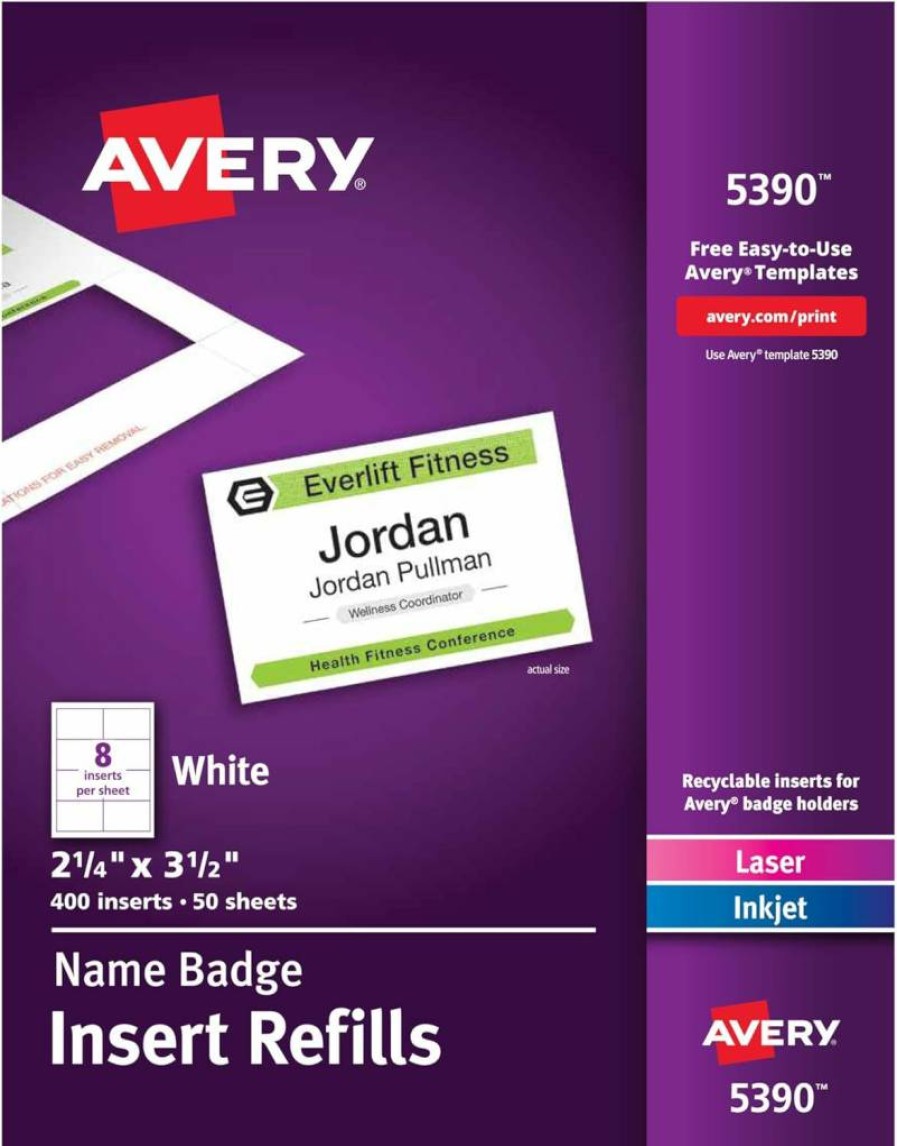 AVERY 5390 Printable Name Badge Inserts, 2.25" x 3.5" White Name Tags, Customizable Labels, 400-Pack for Office, Events, and Identification