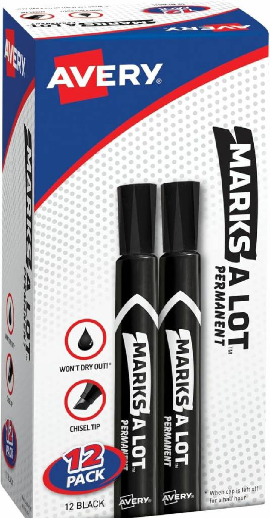 AVERY Marks-A-Lot Permanent Chisel Tip Markers - 12 Pack Black (98028), Waterproof & Wear-Resistant, Large Desk-Style for Office & Industrial Use